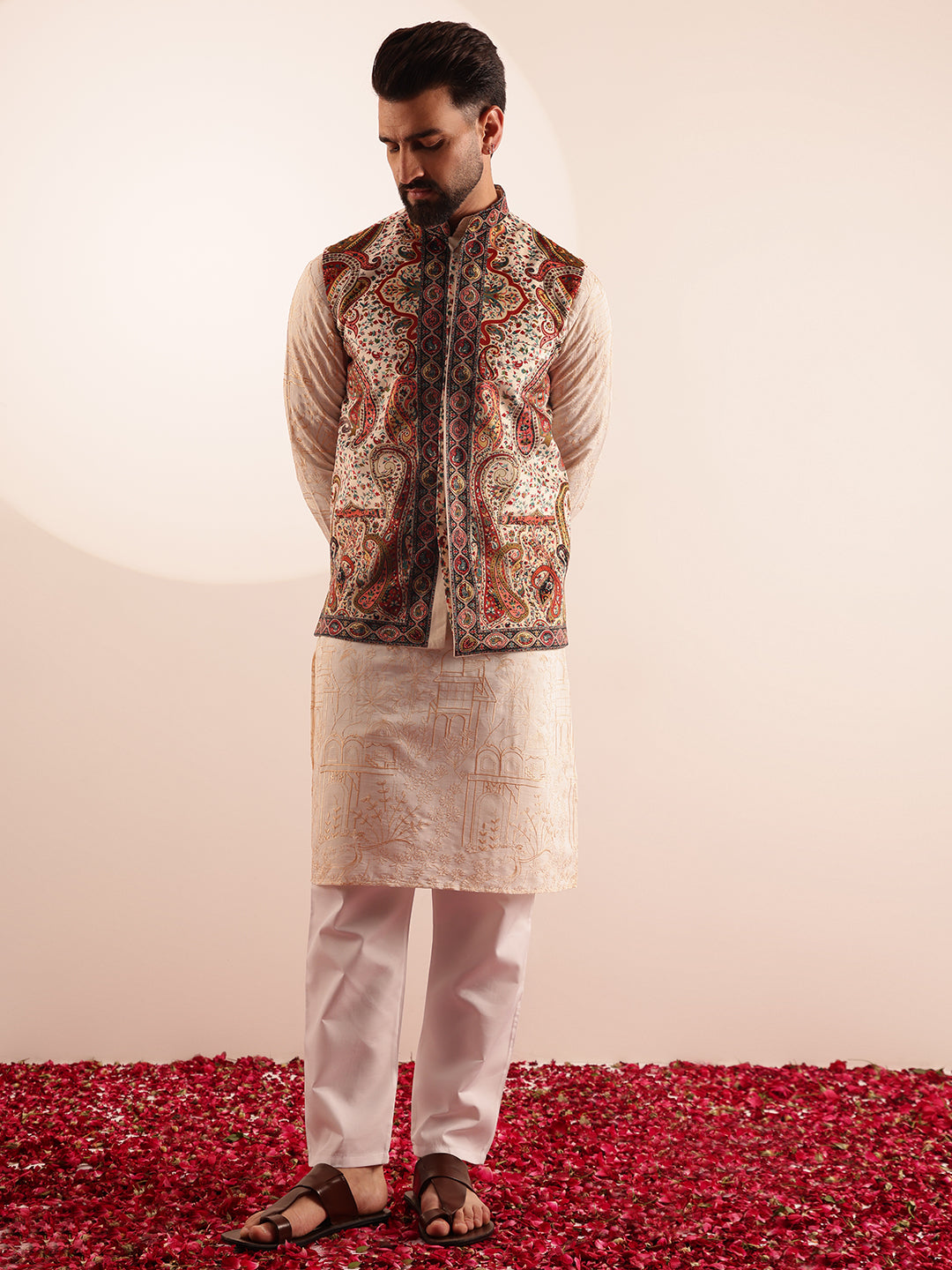 Men's Cotton Silk Cream Kurta & White Pyjama With Velvet Paisley Design Cream Nehru Jacket