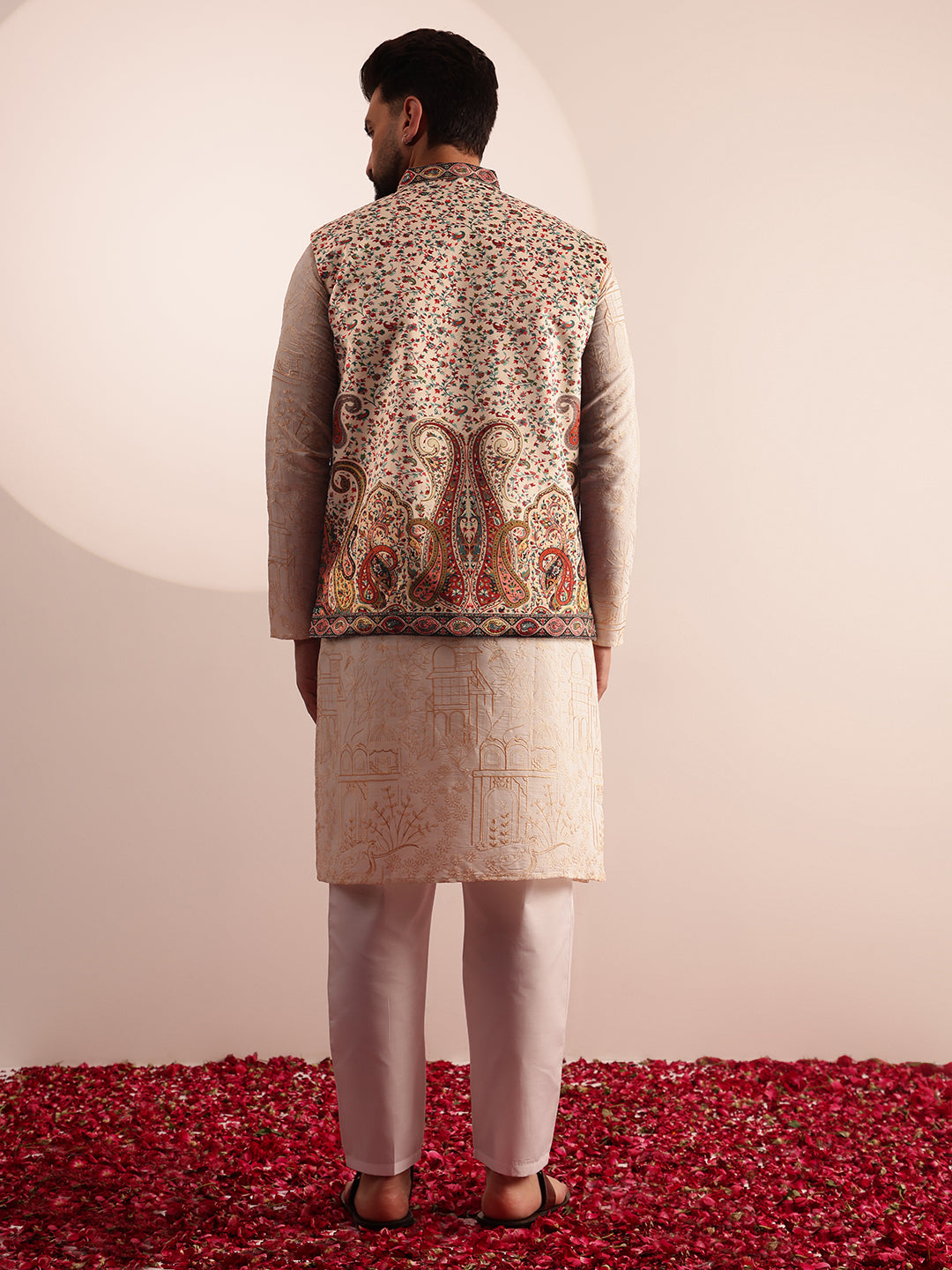 Men's Cotton Silk Cream Kurta & White Pyjama With Velvet Paisley Design Cream Nehru Jacket