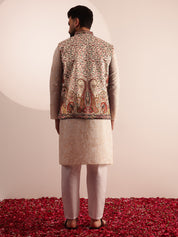 Men's Cotton Silk Cream Kurta & White Pyjama With Velvet Paisley Design Cream Nehru Jacket