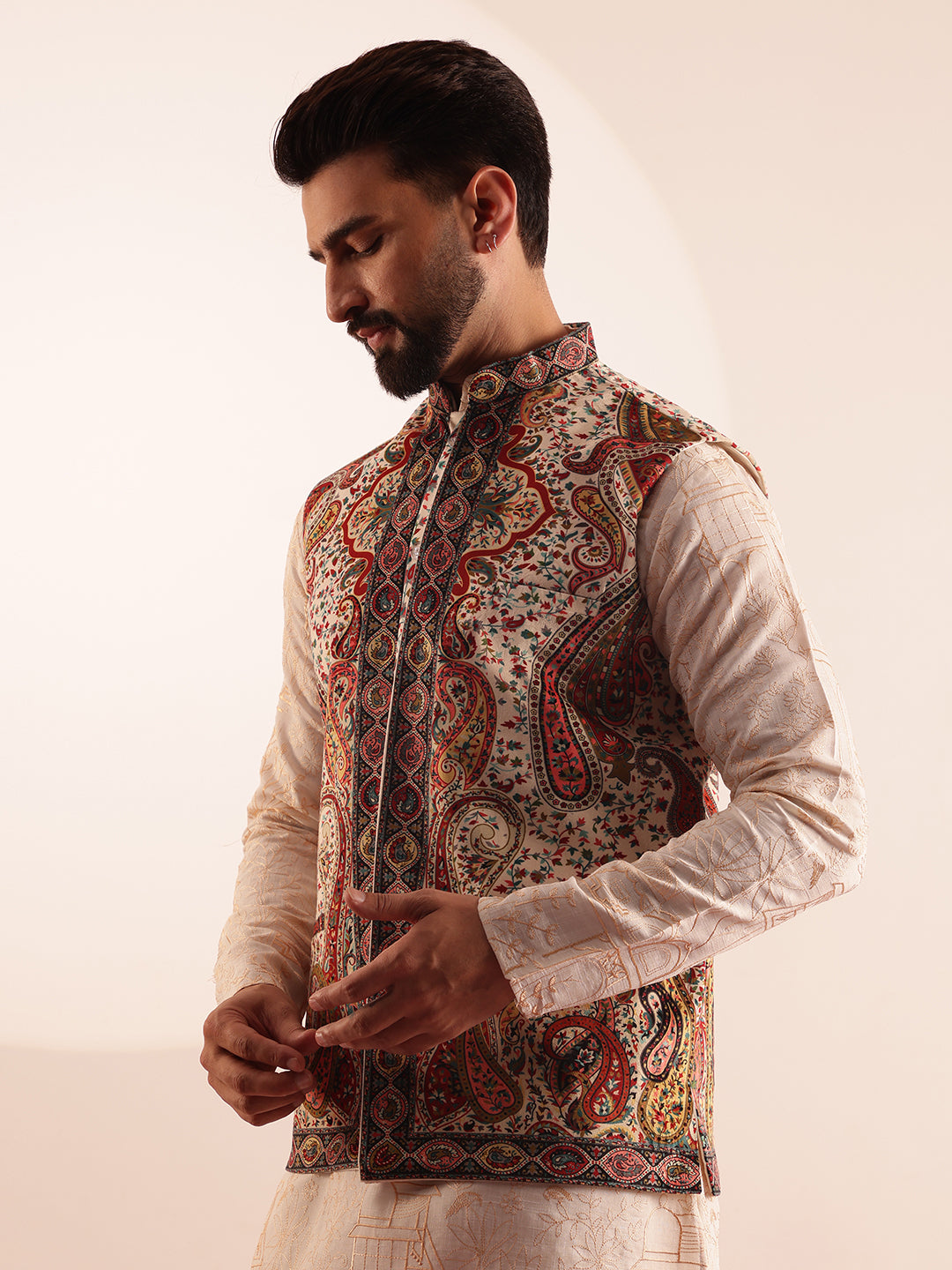 Men's Cotton Silk Cream Kurta & White Pyjama With Velvet Paisley Design Cream Nehru Jacket