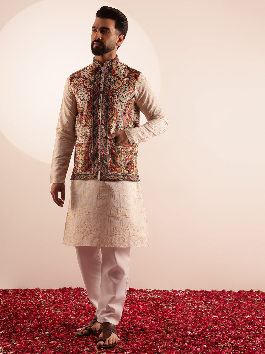 Men's Cotton Silk Cream Kurta & White Pyjama With Velvet Paisley Design Cream Nehru Jacket