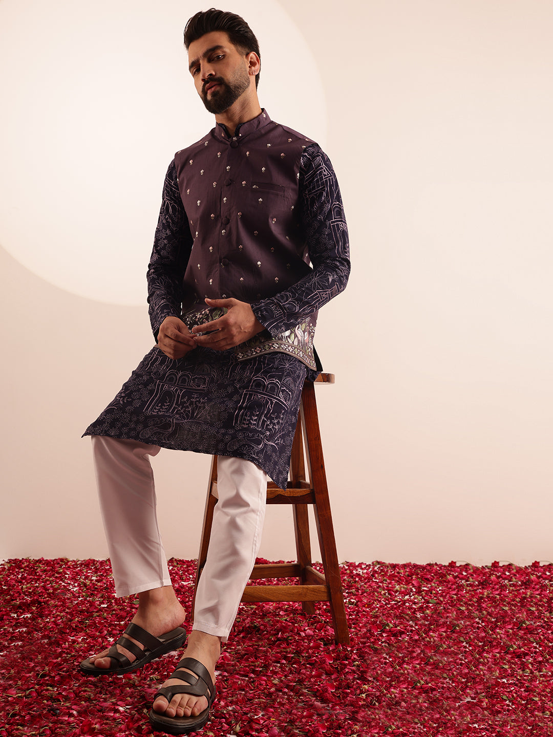 Men's Cotton Silk Violet Kurta & White Pyjama With Daman Embroidered W ...