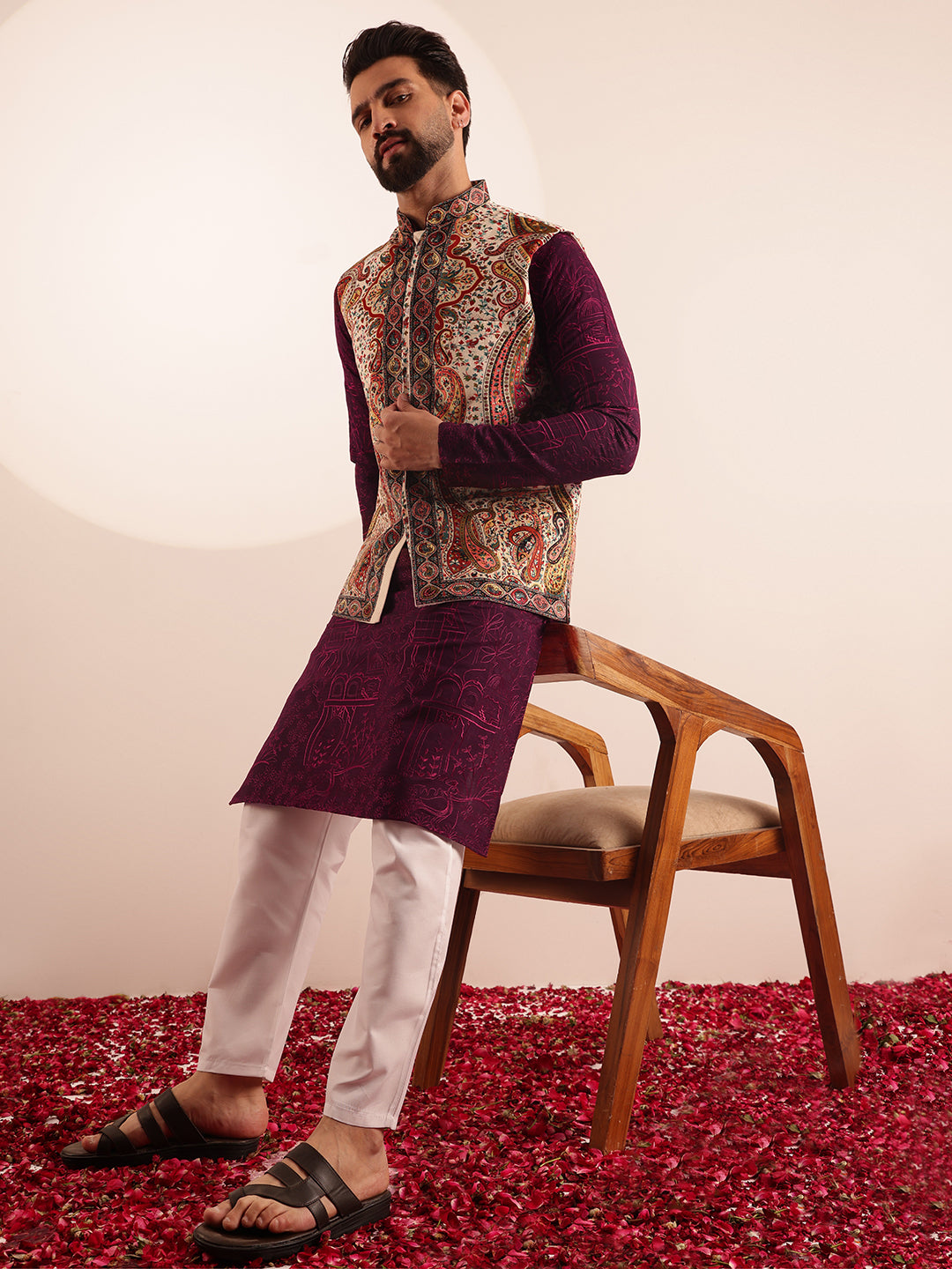 Men's Cotton Silk Wine Kurta & White Pyjama With Velvet Paisley Design Cream Nehru Jacket