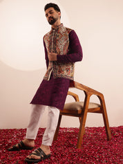 Men's Cotton Silk Wine Kurta & White Pyjama With Velvet Paisley Design Cream Nehru Jacket