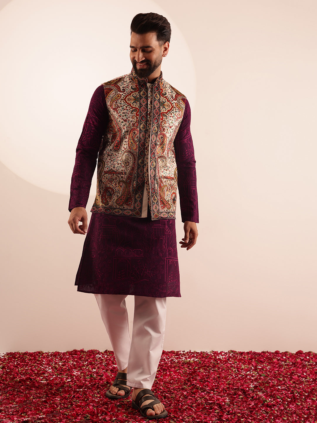 Men's Cotton Silk Wine Kurta & White Pyjama With Velvet Paisley Design Cream Nehru Jacket