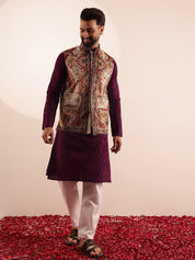 Men's Cotton Silk Wine Kurta & White Pyjama With Velvet Paisley Design Cream Nehru Jacket