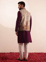 Men's Cotton Silk Wine Kurta & White Pyjama With Velvet Paisley Design Cream Nehru Jacket