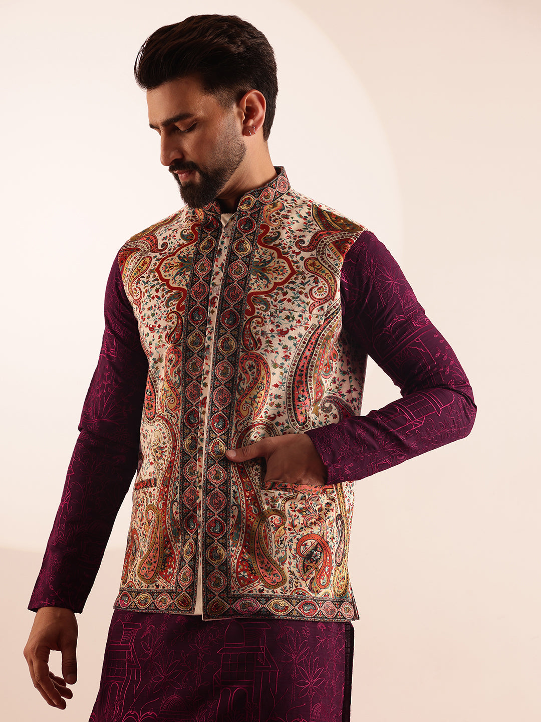 Men's Cotton Silk Wine Kurta & White Pyjama With Velvet Paisley Design Cream Nehru Jacket