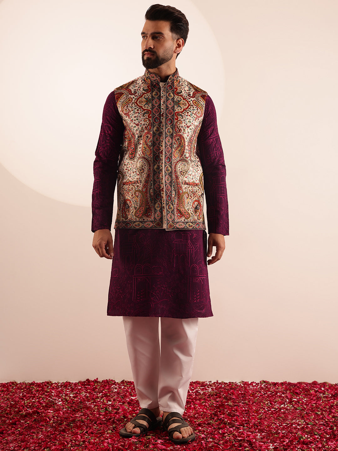 Men's Cotton Silk Wine Kurta & White Pyjama With Velvet Paisley Design Cream Nehru Jacket