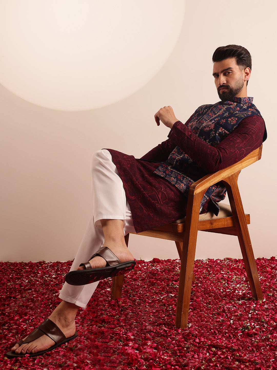 Men's Cotton Silk Wine Kurta & White Pyjama With Velvet Paisley Design Navy Nehru Jacket