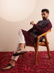 Men's Cotton Silk Wine Kurta & White Pyjama With Velvet Paisley Design Navy Nehru Jacket