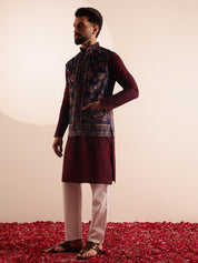Men's Cotton Silk Wine Kurta & White Pyjama With Velvet Paisley Design Navy Nehru Jacket