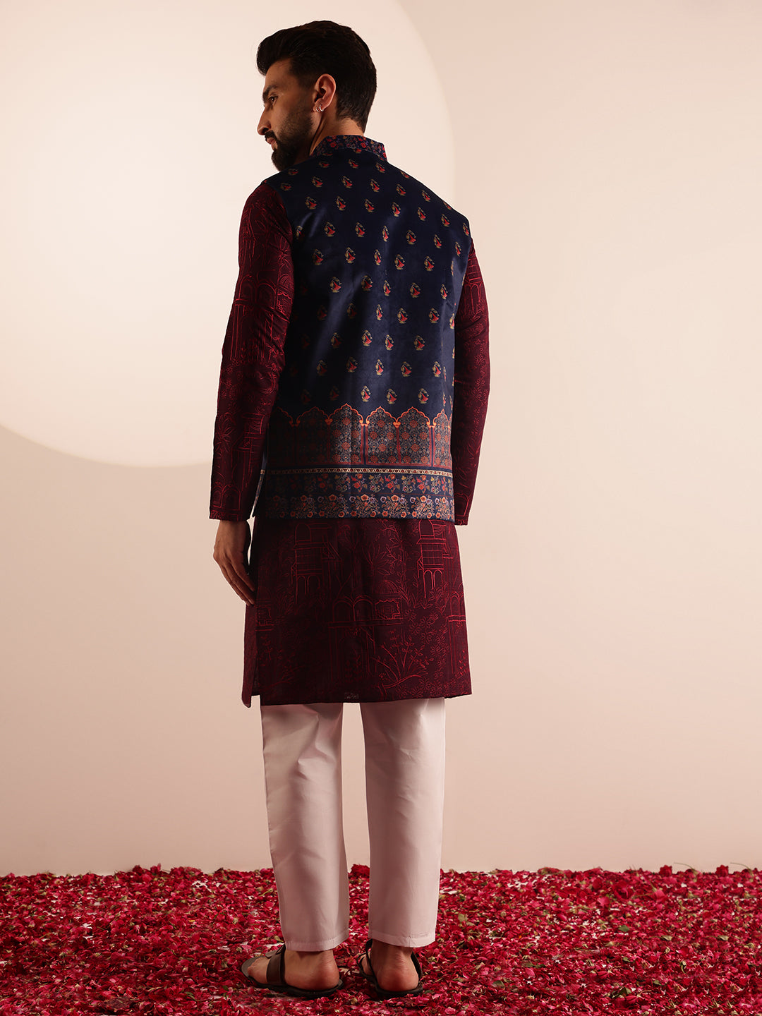 Men's Cotton Silk Wine Kurta & White Pyjama With Velvet Paisley Design Navy Nehru Jacket