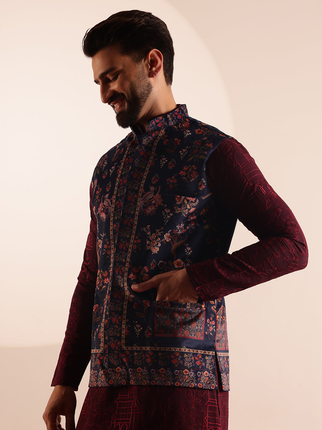 Men's Cotton Silk Wine Kurta & White Pyjama With Velvet Paisley Design Navy Nehru Jacket