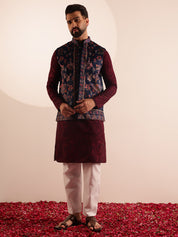 Men's Cotton Silk Wine Kurta & White Pyjama With Velvet Paisley Design Navy Nehru Jacket