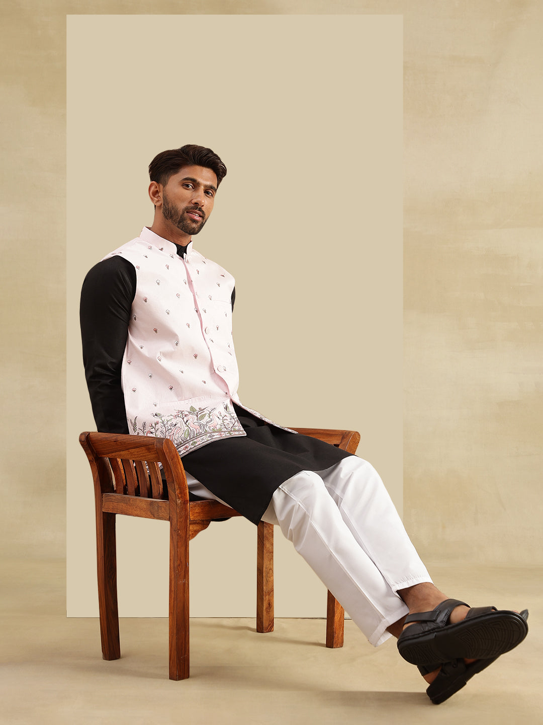 Men's Cotton Blend Black Kurta & White Pyjama With Daman Embroidered Pink Nehru Jacket
