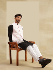 Men's Cotton Blend Black Kurta & White Pyjama With Daman Embroidered Pink Nehru Jacket
