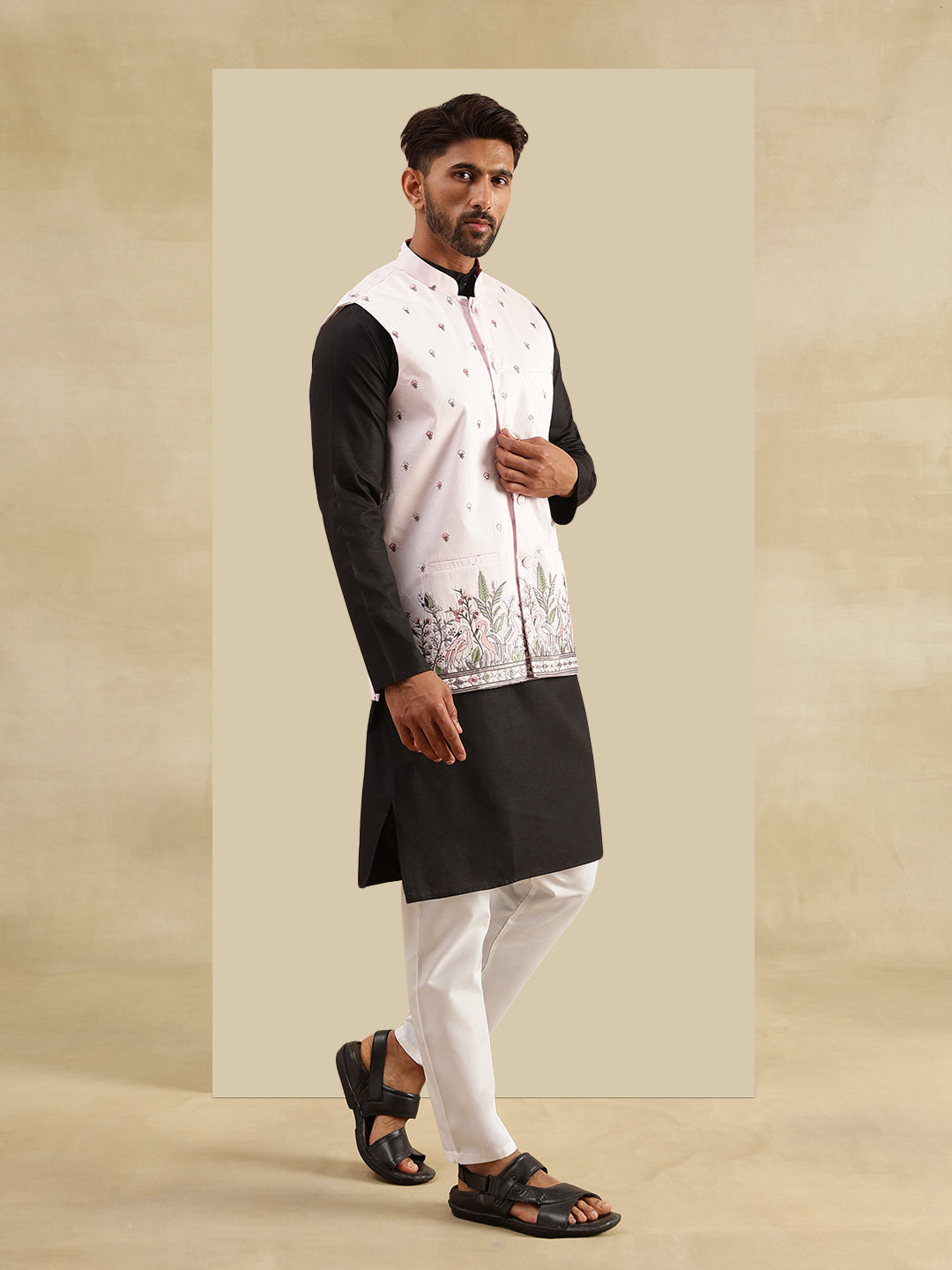 Men's Cotton Blend Black Kurta & White Pyjama With Daman Embroidered Pink Nehru Jacket