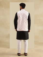 Men's Cotton Blend Black Kurta & White Pyjama With Daman Embroidered Pink Nehru Jacket
