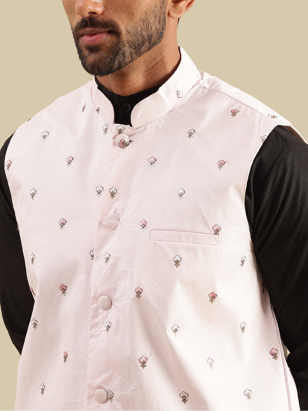 Men's Cotton Blend Black Kurta & White Pyjama With Daman Embroidered Pink Nehru Jacket
