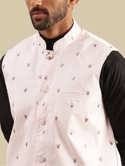 Men's Cotton Blend Black Kurta & White Pyjama With Daman Embroidered Pink Nehru Jacket