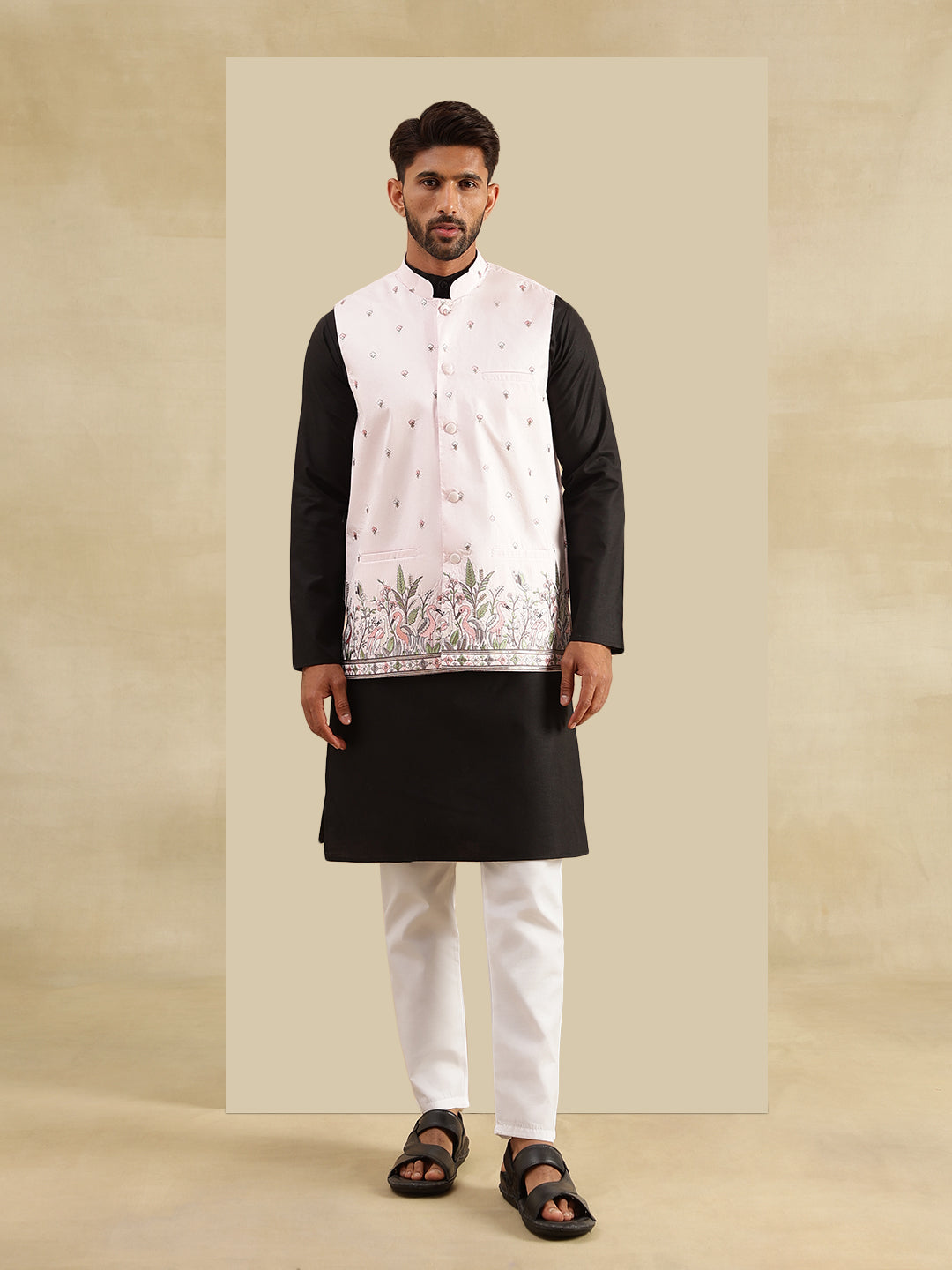 Men's Cotton Blend Black Kurta & White Pyjama With Daman Embroidered Pink Nehru Jacket