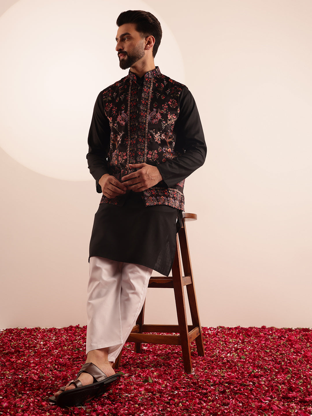 Men's Cotton Blend Black Kurta & White Pyjama With Velvet Paisley Design Black Nehru Jacket