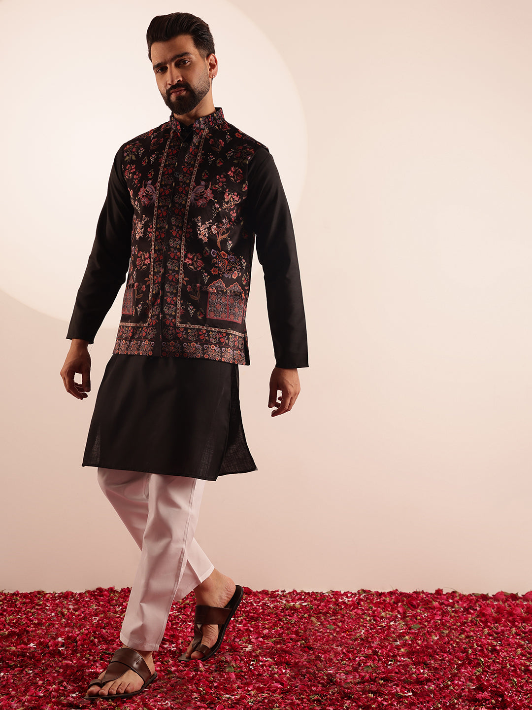 Men's Cotton Blend Black Kurta & White Pyjama With Velvet Paisley Design Black Nehru Jacket