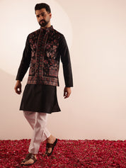 Men's Cotton Blend Black Kurta & White Pyjama With Velvet Paisley Design Black Nehru Jacket