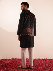 Men's Cotton Blend Black Kurta & White Pyjama With Velvet Paisley Design Black Nehru Jacket