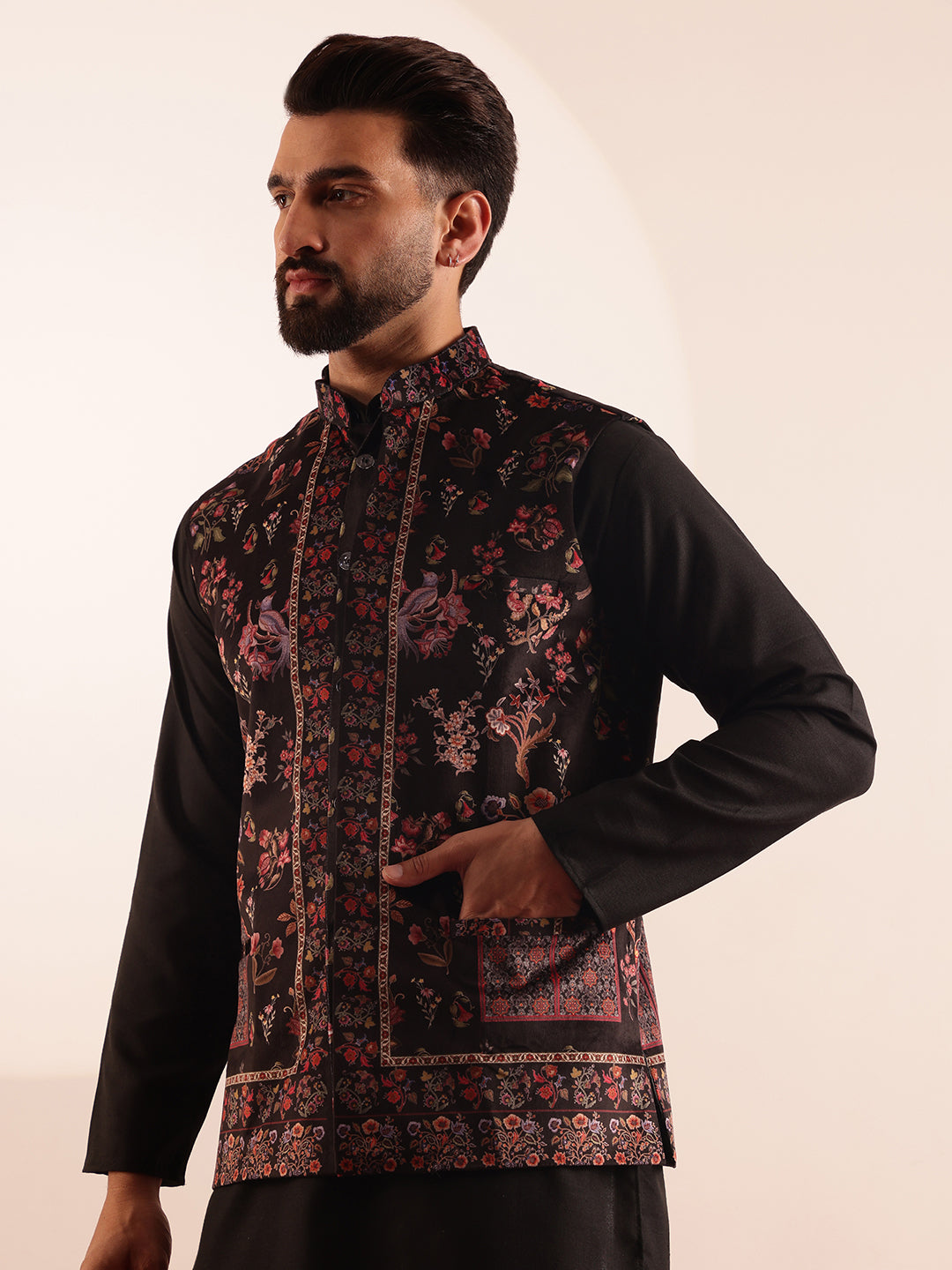 Men's Cotton Blend Black Kurta & White Pyjama With Velvet Paisley Design Black Nehru Jacket