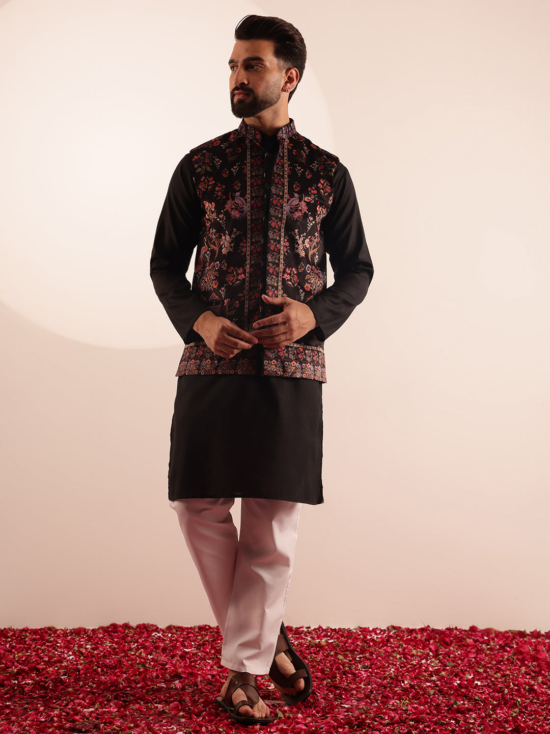 Men's Cotton Blend Black Kurta & White Pyjama With Velvet Paisley Design Black Nehru Jacket