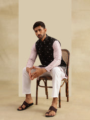 Men's Cotton Rayon Pink Kurta & White Pyjama With Daman Embroidered Black Nehru Jacket