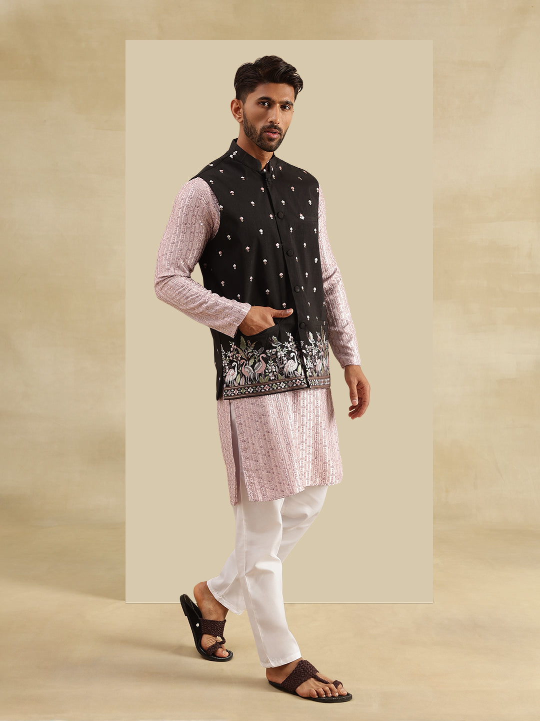 Men's Cotton Rayon Pink Kurta & White Pyjama With Daman Embroidered Black Nehru Jacket