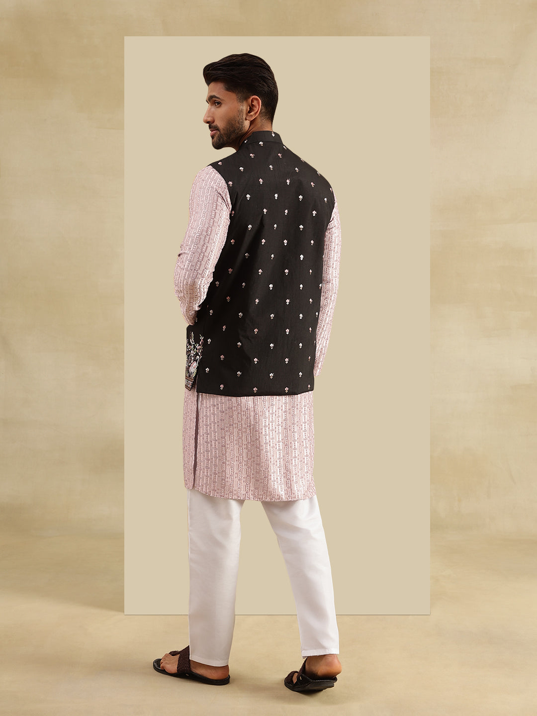 Men's Cotton Rayon Pink Kurta & White Pyjama With Daman Embroidered Black Nehru Jacket