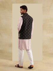 Men's Cotton Rayon Pink Kurta & White Pyjama With Daman Embroidered Black Nehru Jacket