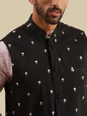 Men's Cotton Rayon Pink Kurta & White Pyjama With Daman Embroidered Black Nehru Jacket