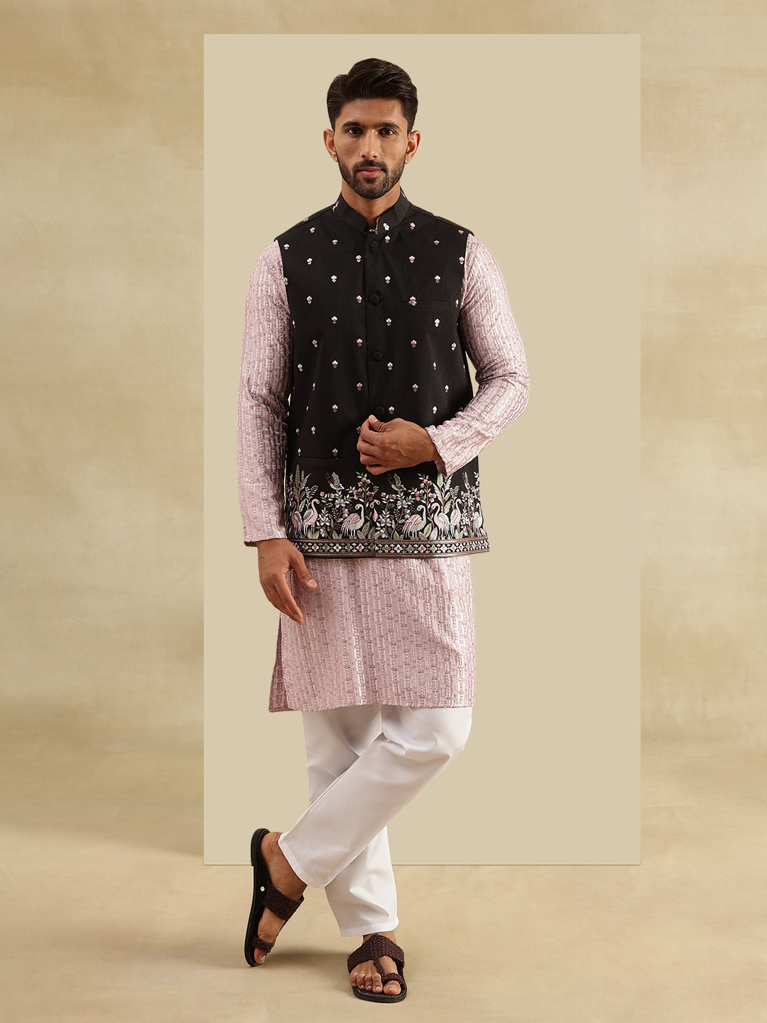 Men's Cotton Rayon Pink Kurta & White Pyjama With Daman Embroidered Black Nehru Jacket