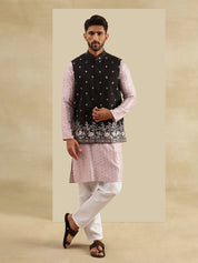 Men's Cotton Rayon Pink Kurta & White Pyjama With Daman Embroidered Black Nehru Jacket