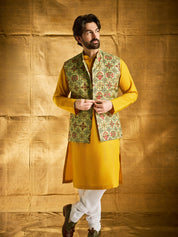 Men's Cotton Solid Mustard Kurta and White Pyjama With Printed Pista Green Nehru Jacket