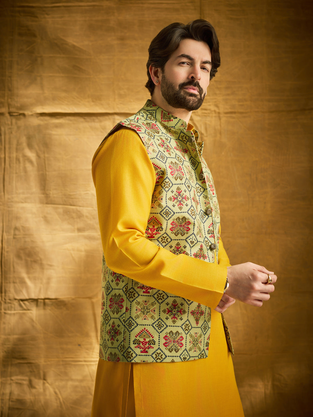 Men's Cotton Solid Mustard Kurta and White Pyjama With Printed Pista Green Nehru Jacket