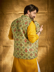 Men's Cotton Solid Mustard Kurta and White Pyjama With Printed Pista Green Nehru Jacket