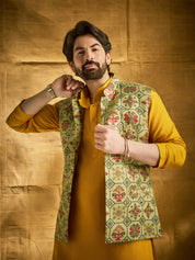 Men's Cotton Solid Mustard Kurta and White Pyjama With Printed Pista Green Nehru Jacket