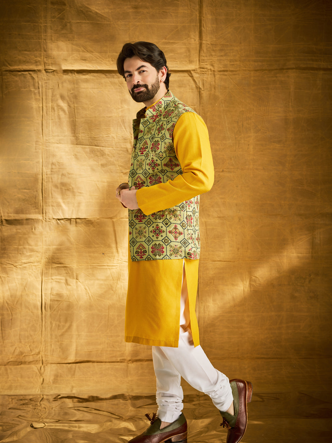 Men's Cotton Solid Mustard Kurta and White Pyjama With Printed Pista Green Nehru Jacket