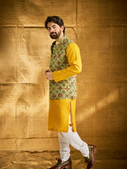 Men's Cotton Solid Mustard Kurta and White Pyjama With Printed Pista Green Nehru Jacket