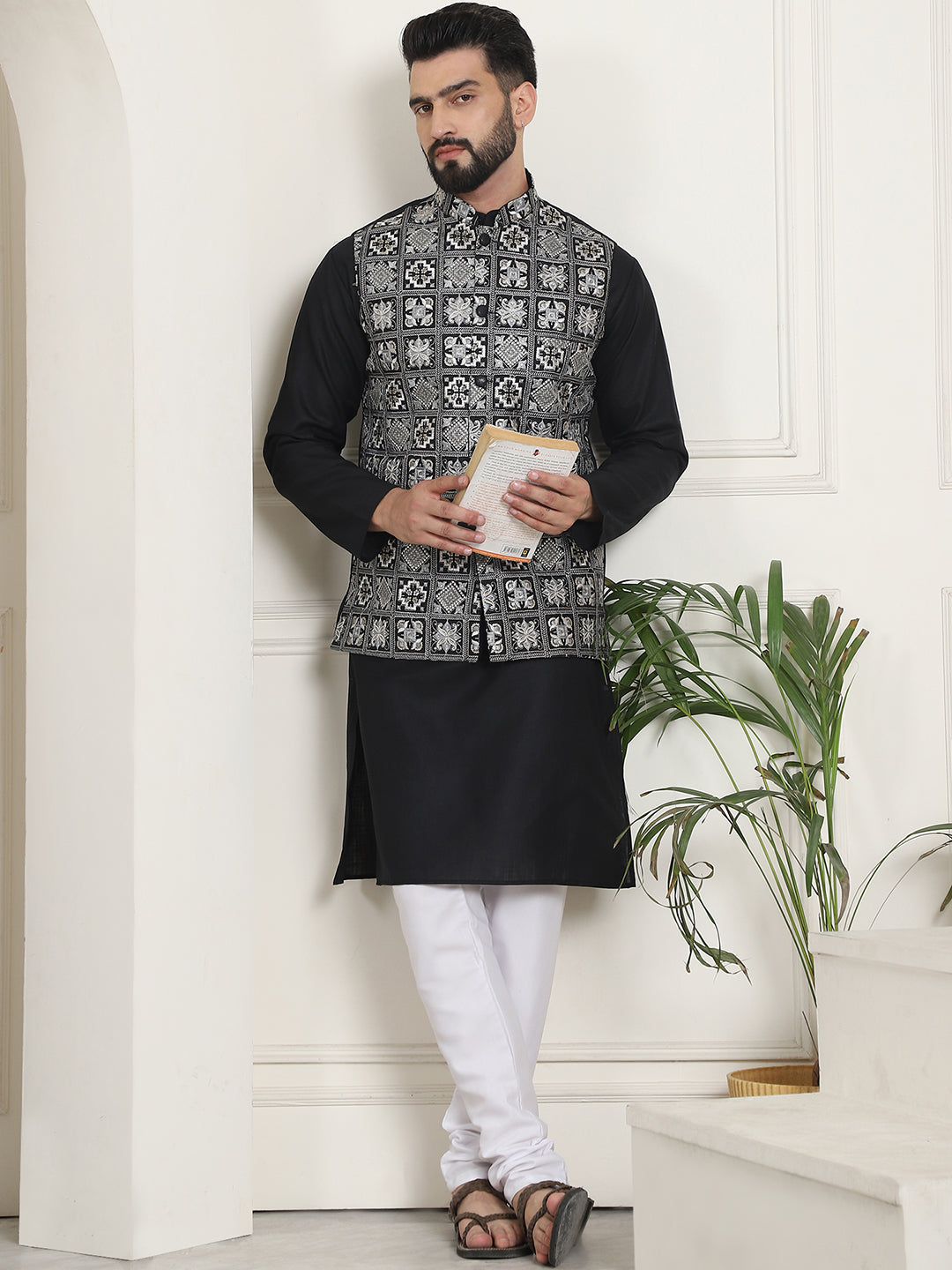 Men's Cotton Solid Black Kurta and White Pyjama With Embroidered Black Nehru Jacket