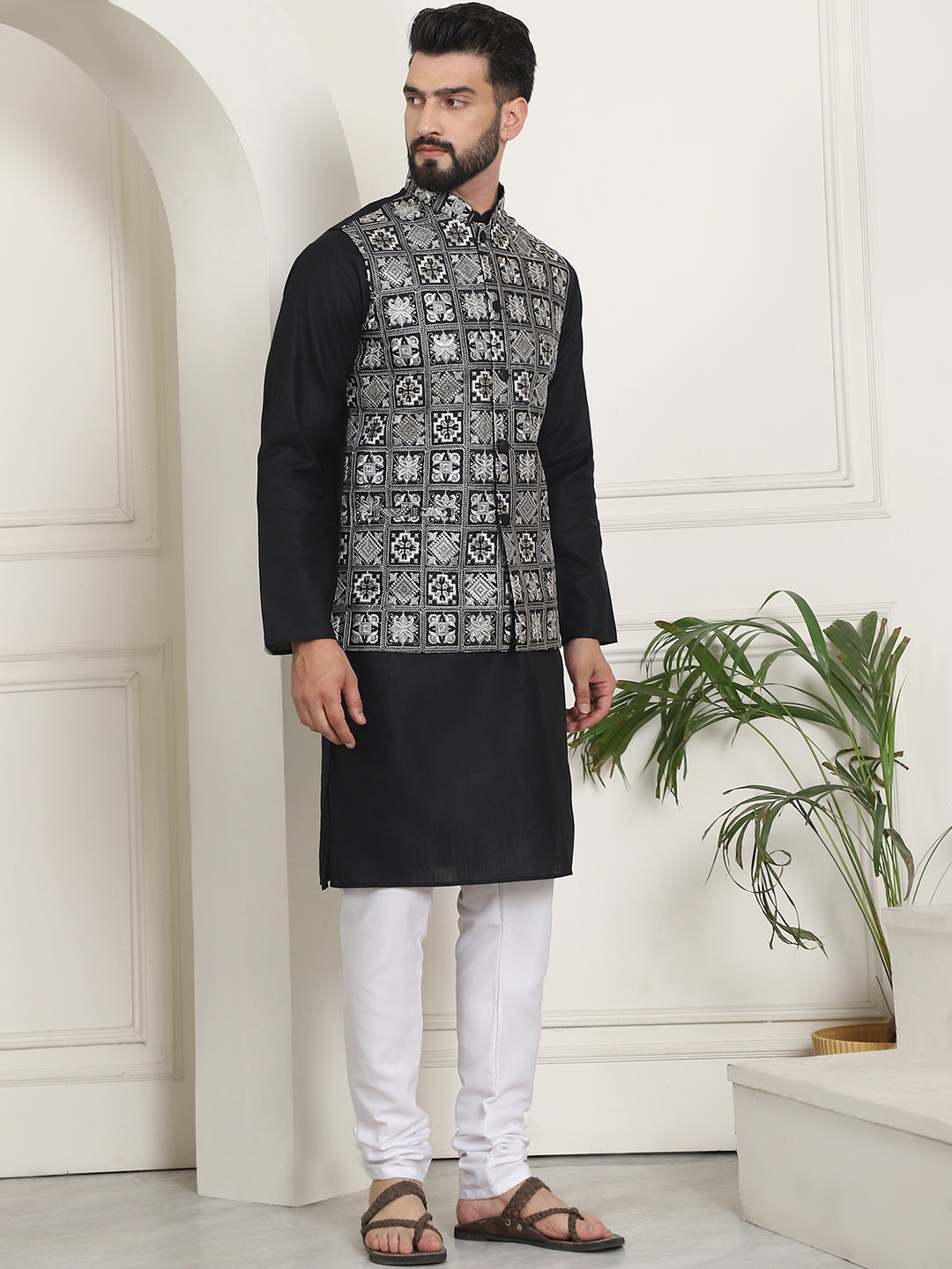 Men's Cotton Solid Black Kurta and White Pyjama With Embroidered Black Nehru Jacket