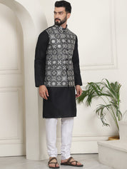 Men's Cotton Solid Black Kurta and White Pyjama With Embroidered Black Nehru Jacket