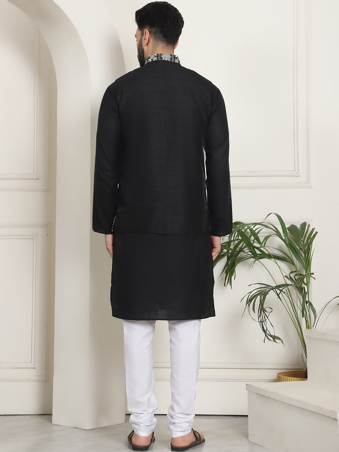 Men's Cotton Solid Black Kurta and White Pyjama With Embroidered Black Nehru Jacket