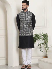 Men's Cotton Solid Black Kurta and White Pyjama With Embroidered Black Nehru Jacket